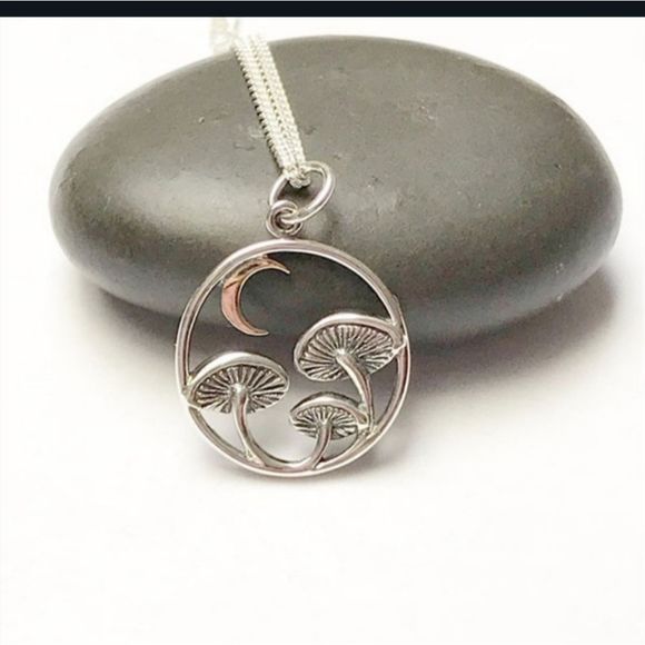 Sterling Silver titanium mushrooms and moon goth earthy boho necklace new - Picture 4 of 6